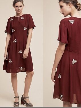 Moulinette Soeurs Anthropologie Embroidered Bee Silk Blend Dress Burgundy Size 2